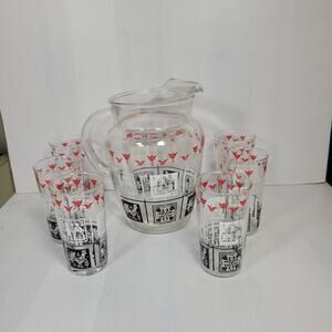 Vintage Amish Folk Art Pitcher & 6 Tumblers, American Gothic Butter Print